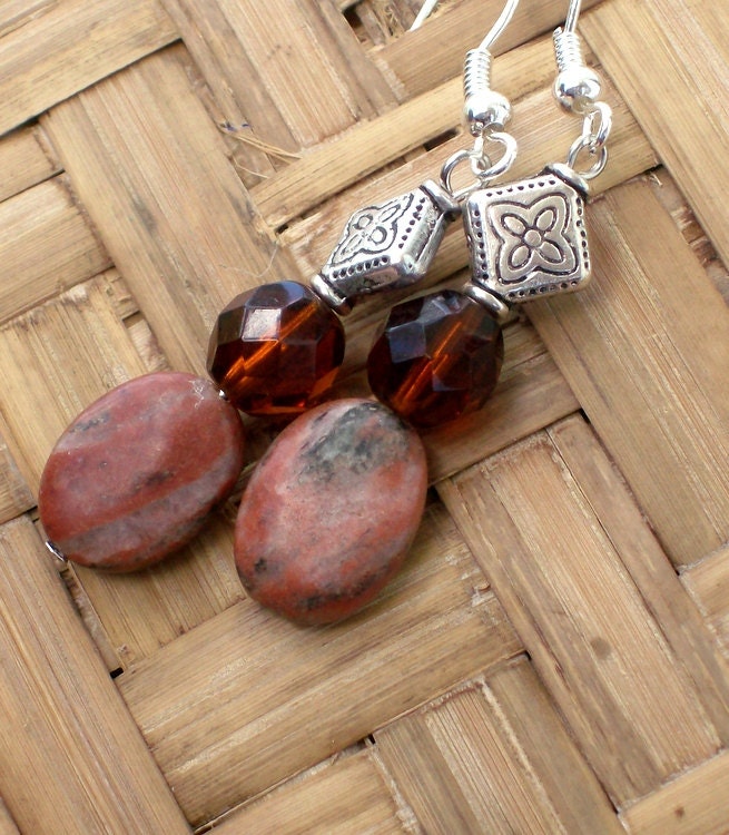 Red Earth Pewter Glass & Agate Earrings - Bohemian Tribal Jewelry - stoneandbone