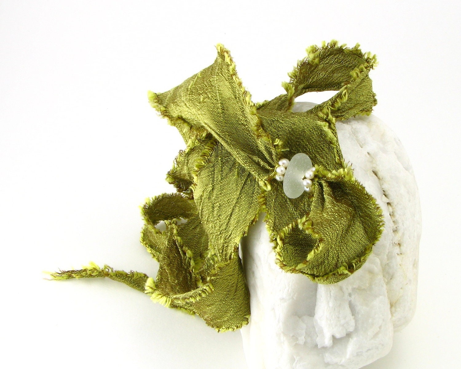 Genuine English Sea Glass Wrap Around  Bracelet - Frost White with Snowy Pearls - Green Chartreuse Silk  - Beach Boho Style Wrist Wrap