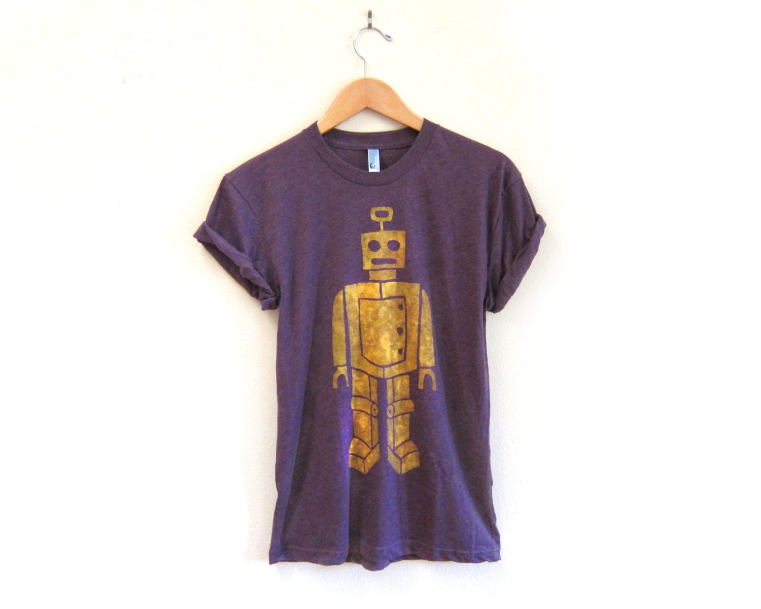 Quizzlezort the Robot Crew Neck Hand Stenciled Slouchy Rolled Cuffs Tee in Heather Plum - S M L XL 2XL 3XL