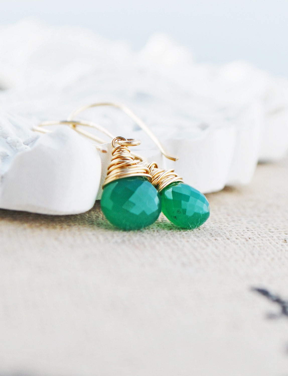 AAA Grade Micro Faceted Green Onyx Briolettes Wire Wrapped with 14k Gold fill and hung on Handmade Earwires