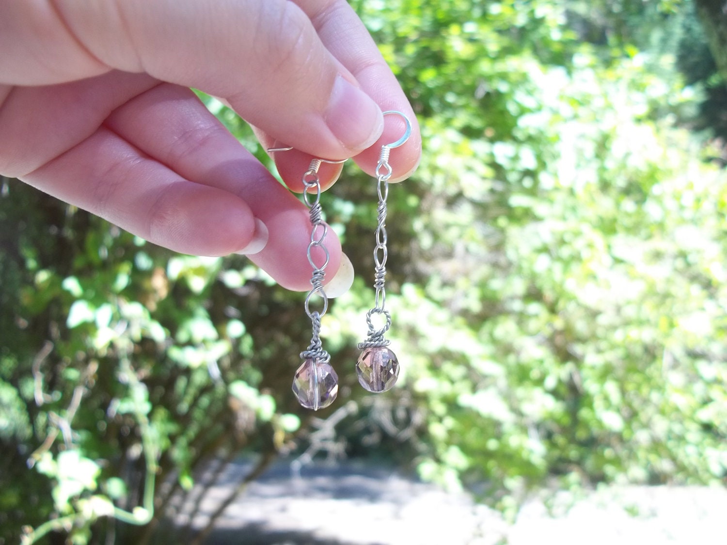 Simple Handmade Silver Wire Chain Amethyst Purple Drop Bridesmaids Earrings (made to order)
