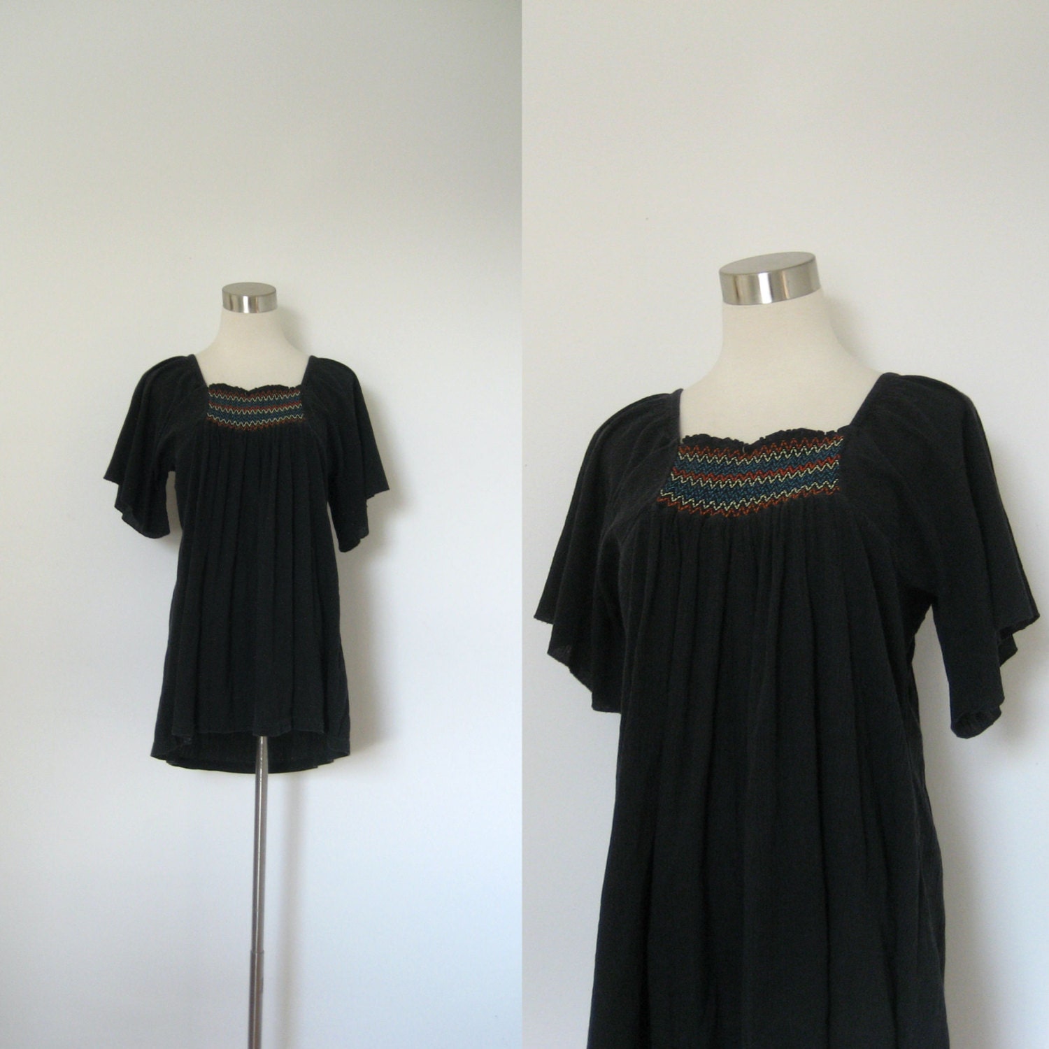 Gauze Top / 1970s Black Boho Blouse / Embroidered Hippie Top (M L)