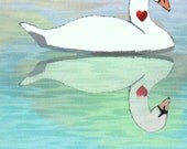 ACEO Swan Heart digital art print pond romance Valentine bird reflection nitelvr