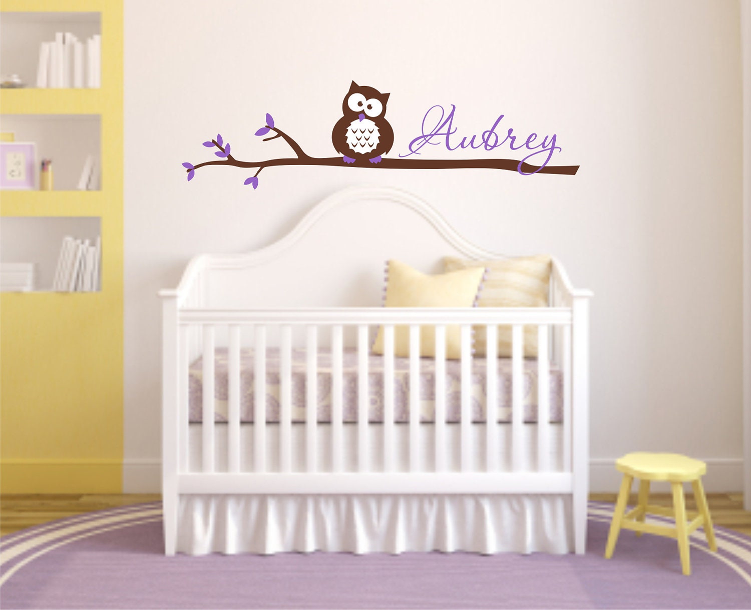 Owl Perched on Tree Branch with Child's Name Vinyl Wall Decal - Nursery Owl Vinyl Wall Decal - Child's Room Owl Vinyl Wall Decal