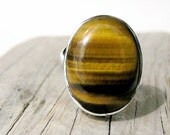 Tiger Eye Sterling Silver Ring . Gold Mocha Brown . US Size 6.75 - 7.5