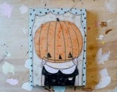 Halloween Folk Art Pumpkin Painting 5x7 Original Primitive Bees wax mixed media art