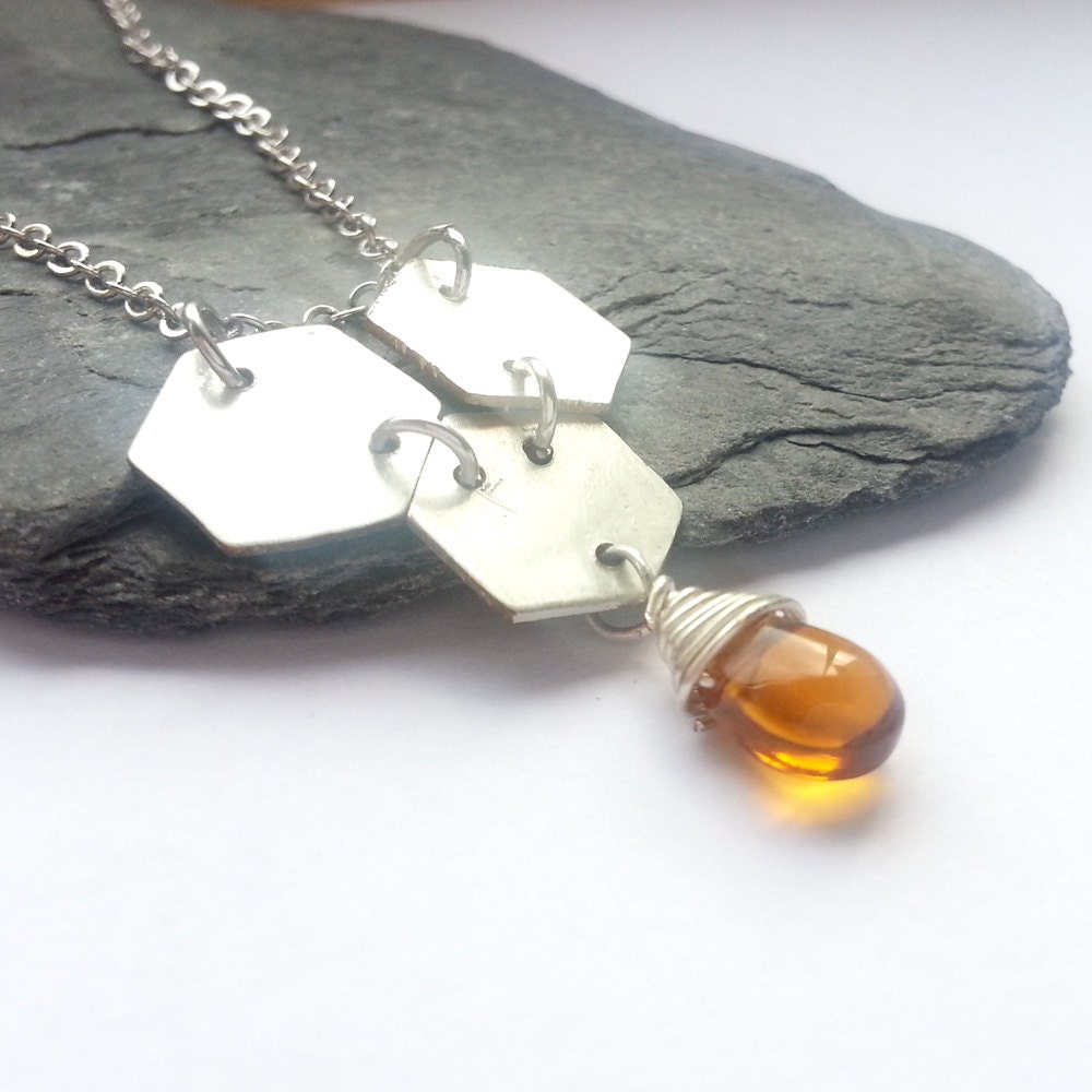 Honeycomb Necklace - Silver Honey Comb Pendant with Wire Wrapped Amber Czech Glass Drop - 'Honey'