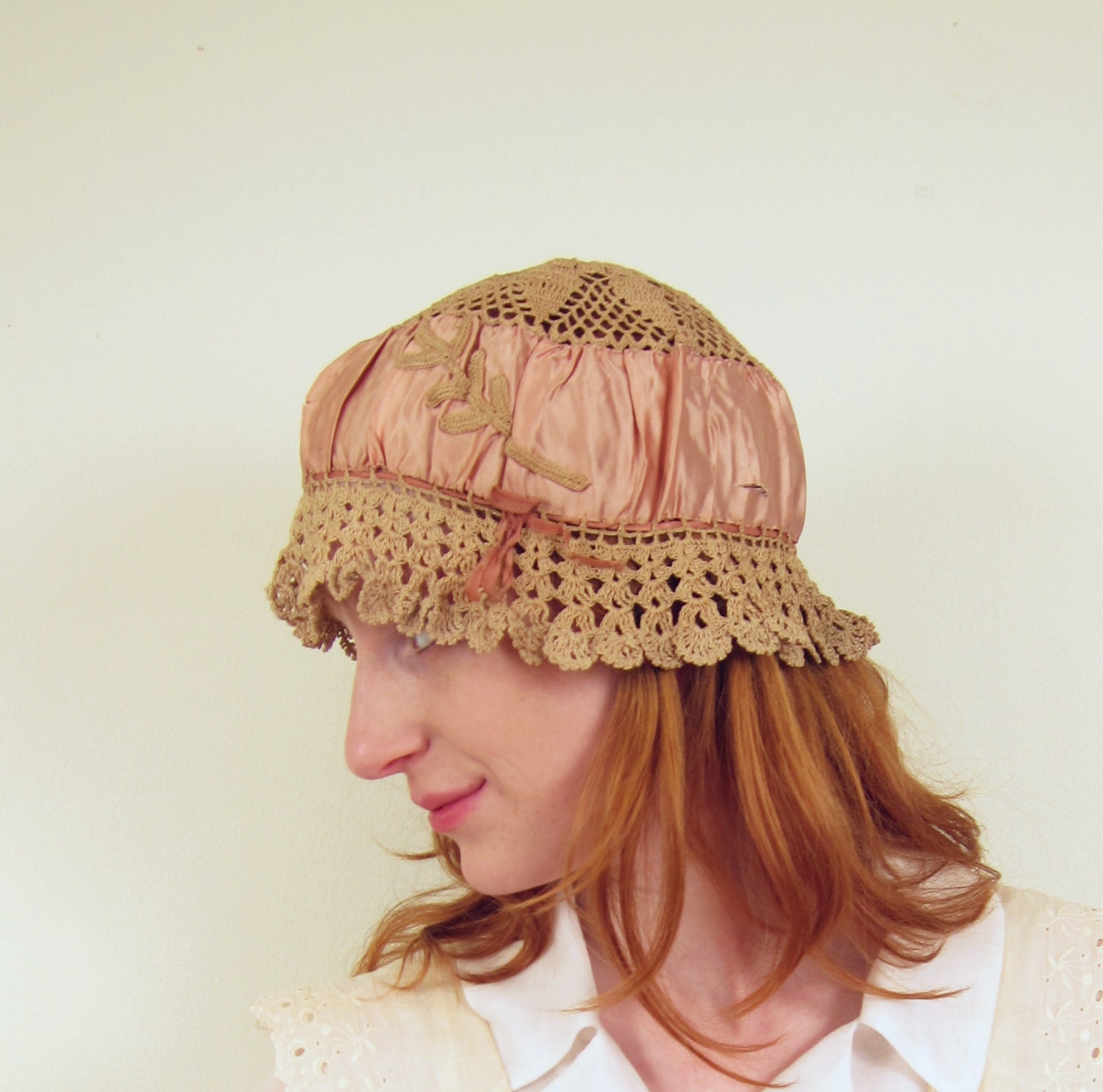 Vintage  1920s Hat Boudoir Cap in Rose Pink Silk and Beige Crochet Sleep Bonnet