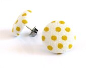 Button earrings studs white yellow dots spring happy bright