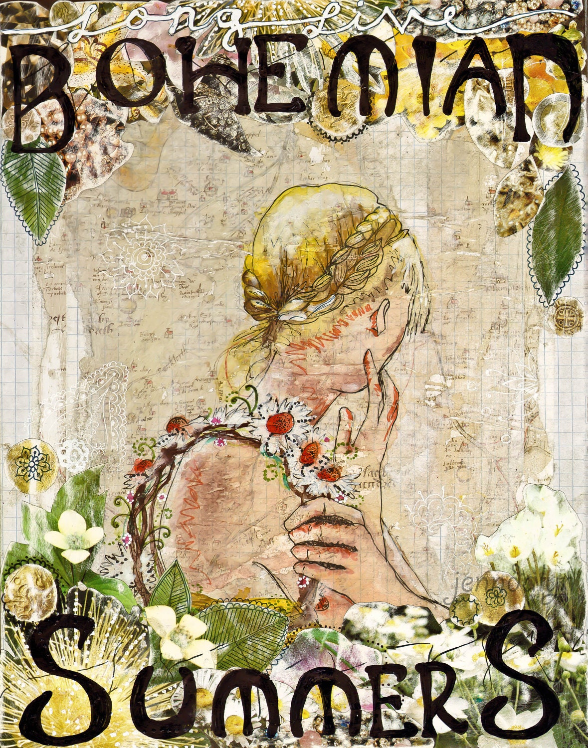 Art nouveau bohemian art - 11 x 14 PRINT flower child