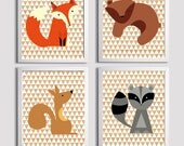 Nursery Boy Kids Wall Art Girl Woodland Forest  Zoo Animals Wood grain set of 4 each 11x14