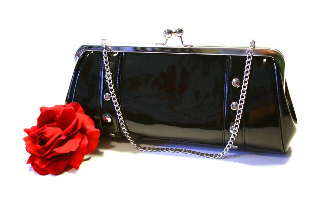 Black Vinyl Clutch, Gloss Patent Vinyl, Retro Rockabilly Bag - MADE TO ORDER
