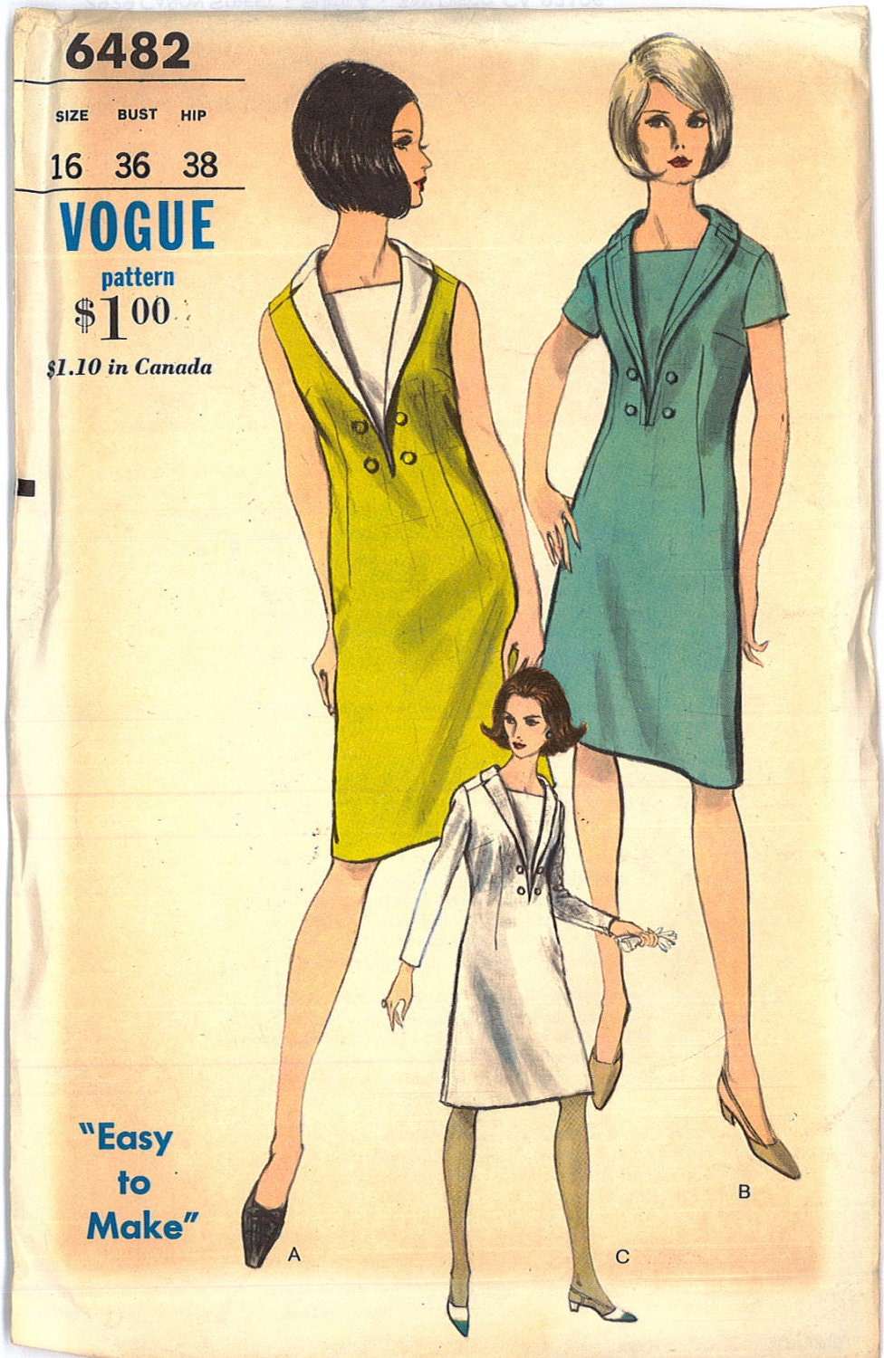 1960s Vogue FACTORY FOLDED Womens Mod Dress Sewing Pattern Vogue 6482 Bust 36
