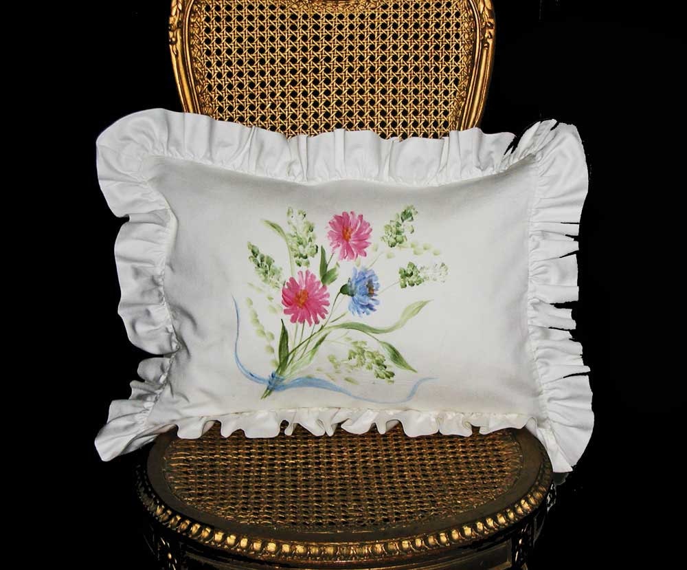 Handpainted White Cotton Ruffled Boudoir Pillow 12" x 16"