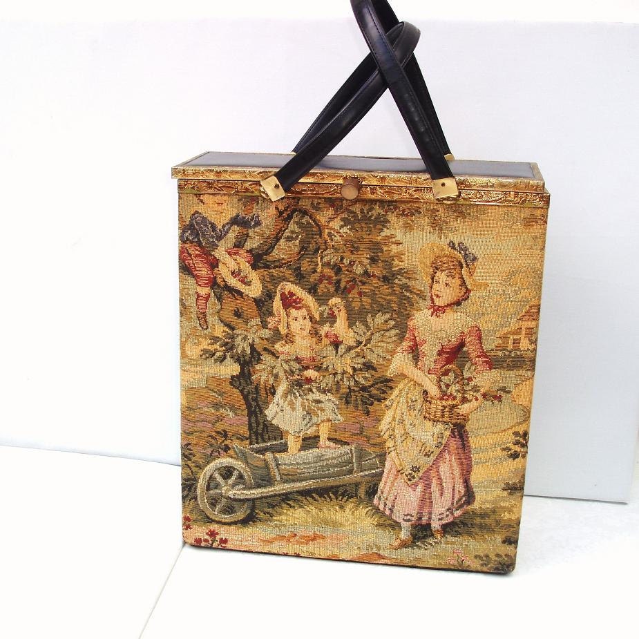 Tapestry Handbag, Travel Bag, Large Ladies Purse, Vintage Briefcase, Black Ladies Case / SALE