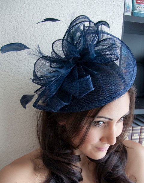 Navy Blue Fascinator - "Penny" Mesh Hat Fascinator with Mesh Ribbons and Navy Blue Feathers