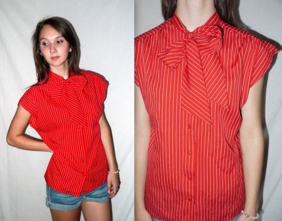 Candy Kate ... vintage 70s red blouse / 1970s pussy bow ascot / short cap sleeve button up shirt / summer secretary ...  M L