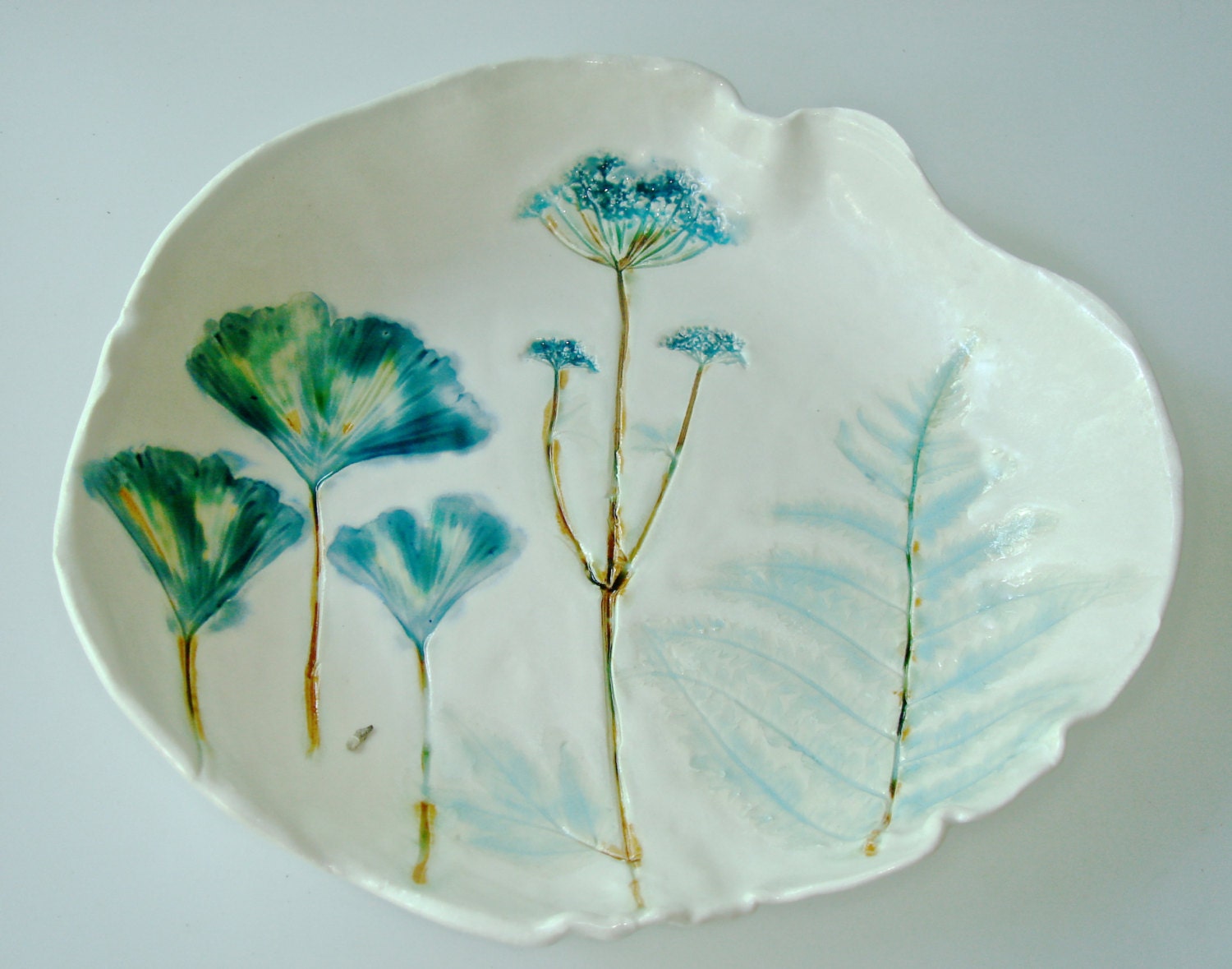 Handpainted Ceramic serving bowl, serving platter, Ginkgo, Queen Anne's Lace, Leaf platter, wedding gift idea