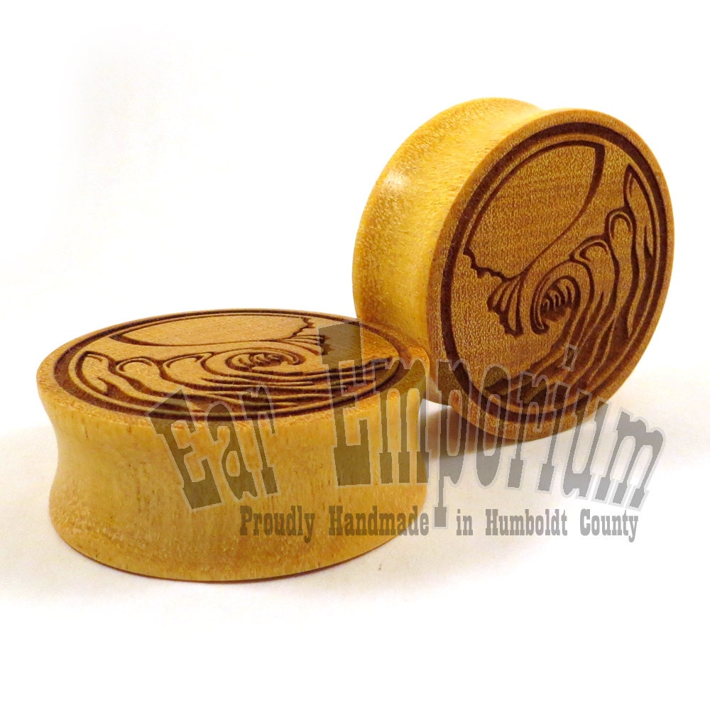 BeardArt Wave on Yellowheart Wooden Plugs 11/16" (17.5mm) 3/4" (19mm) (20.5mm) 7/8" (22mm) 1" (25.5mm) 28mm 30mm 32mm 38mm 44mm Ear Gauges