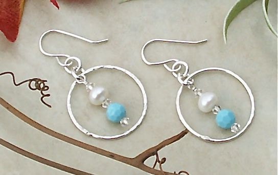 Handmade Turquoise colored Swarovski Crystal & Freshwater Pearl Sterling Silver Dangle Earrings