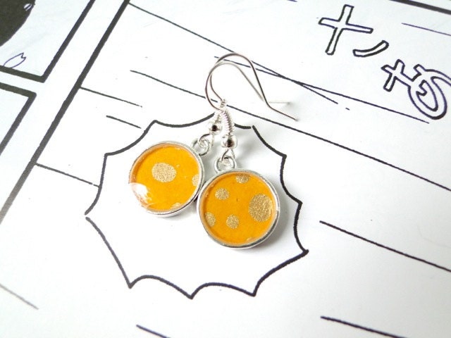 Orange Tiny Dangle Earrings, Resin Jewelry, Japanese Yuzen Chiyogami Washi, Origami paper, Silver Plated, Gift under 15, Ready to ship