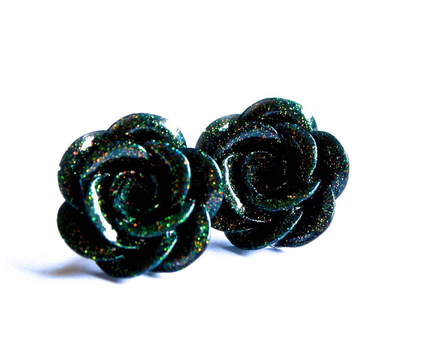 Black Sparkle Flower Post Earrings