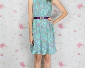Vintage floral dress w/ folded collar - Japanese aqua violet sleeveless 80s customized XS-S