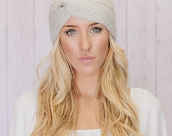 Knitted Turband Headband Twist Mohair Ear Warmer Platinum Grey (HBK2-04)