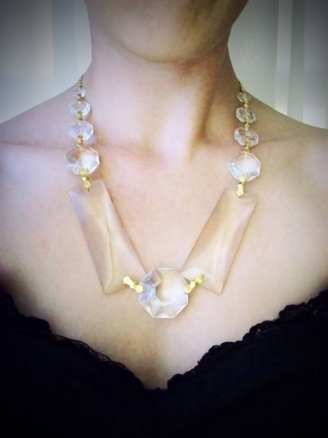 Art Deco Chandelier crystal necklace with gold fan brackets long gold chain with chandelier crystal drop. Gatsby-inspired. Antique upcycle