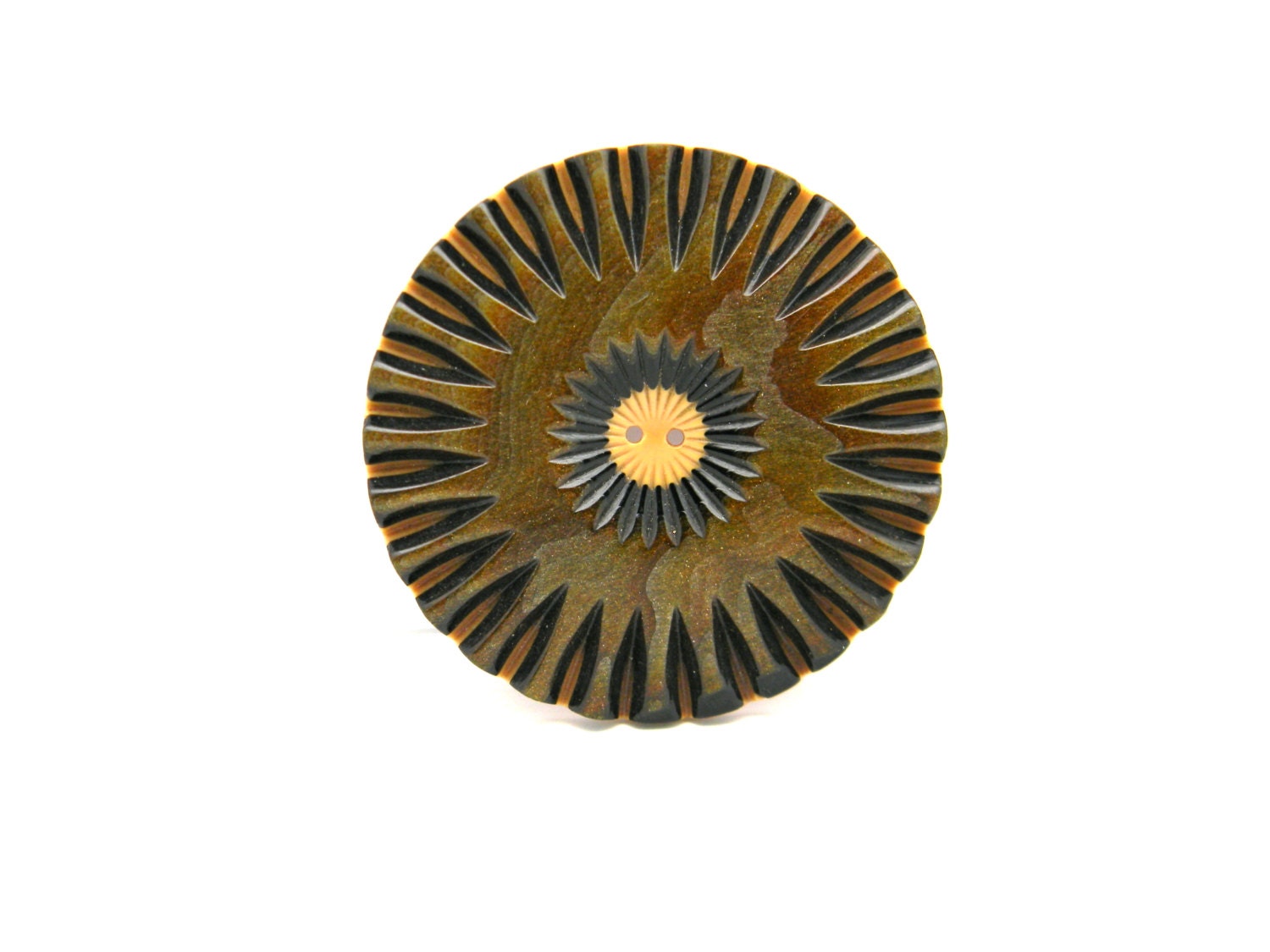 Vintage Celluloid Button, Large Button, Sun, Sunburst, Boho, Butterscotch, Brown, Olive