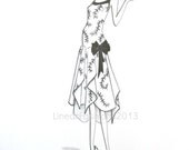 1920s flapper art, fashion illustration, original drawing, black and white vine dress, art gift