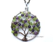 The Lilac- Wire Tree of Life in Amethyst, Charoite, and Peridot, Purple and Green