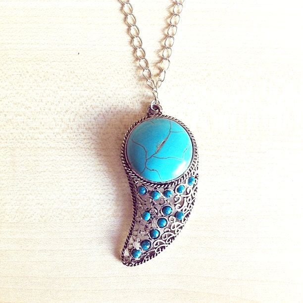 turquoise tooth necklace - turquoise stone, fang, tribal, mayan, boho, festival, hippy, grunge, antique silver
