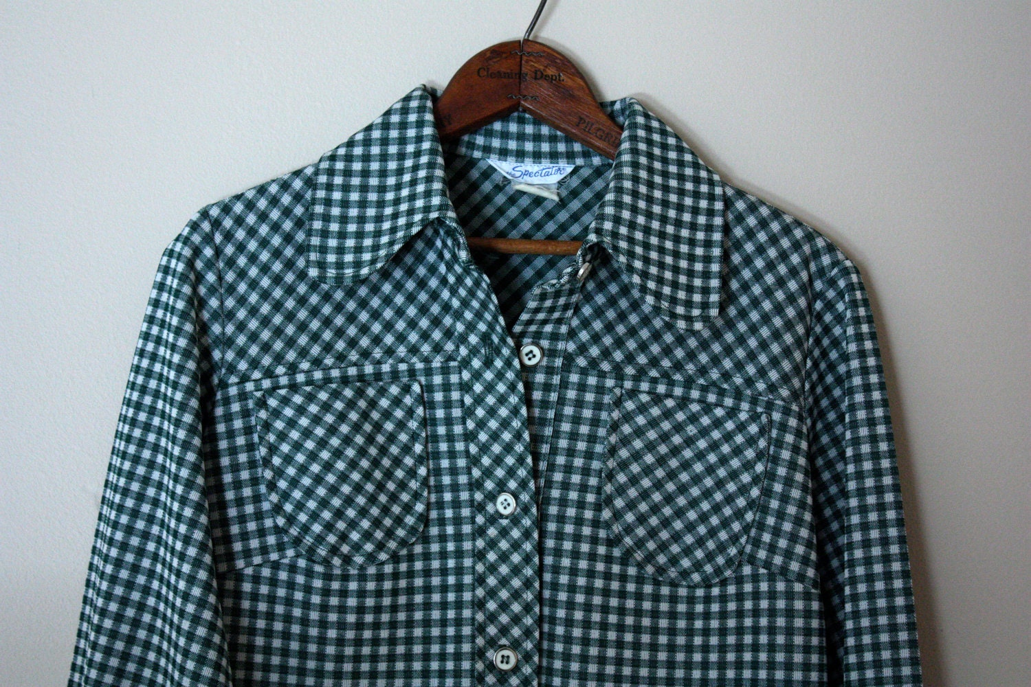 Vintage 1970s Olive Green Gingham Collared Dress (MEDIUM)