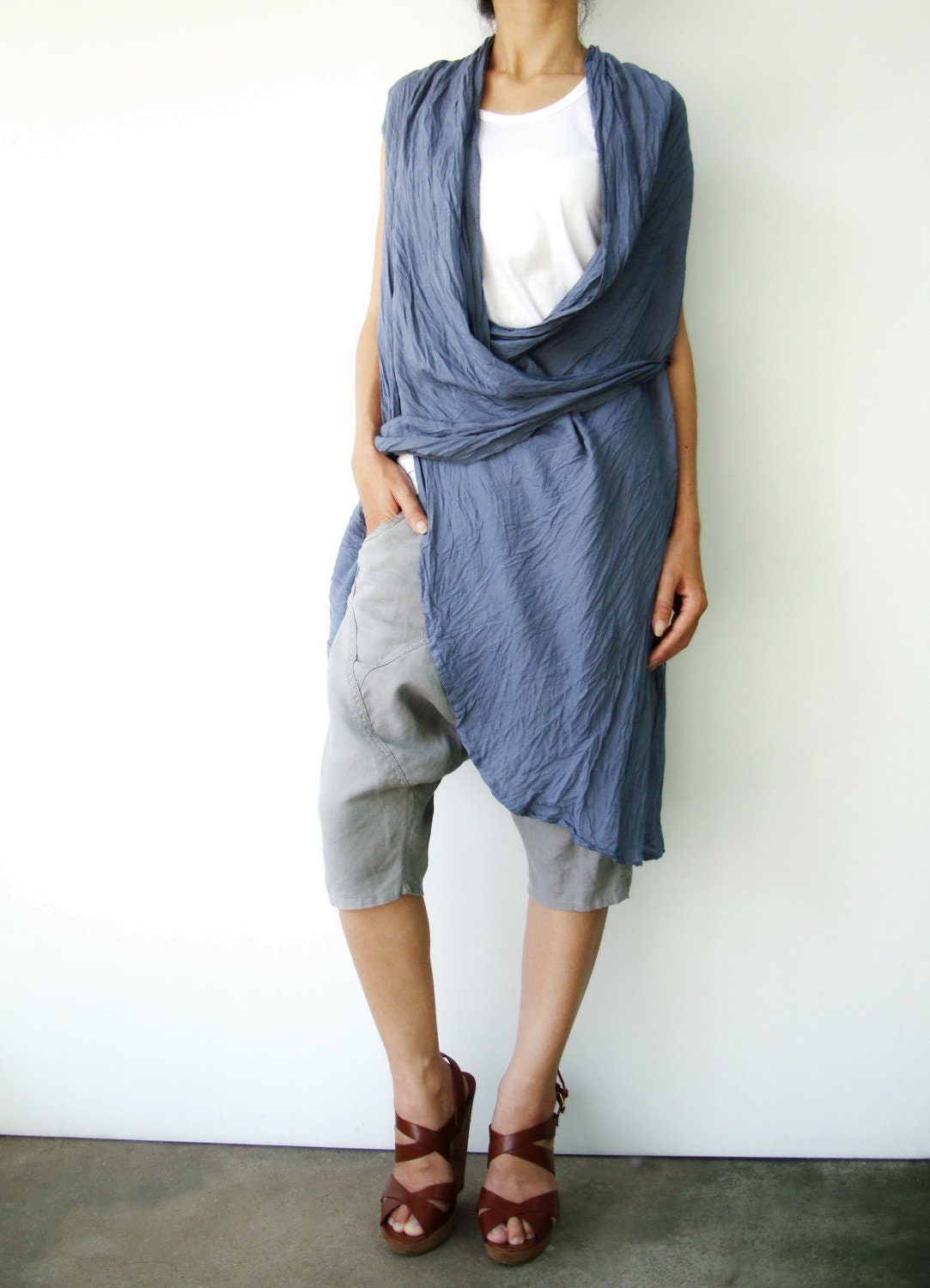NO.56    Bluish Grey Cotton-Blend Wrap Tunic Top
