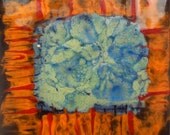 Iridescent Blue on Black  Hand Painted Porcelain Tile  4.25"x 4.25" by New York artist Joan Reese