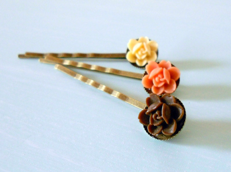 SALE Shabby Chic Dainty Flower Bobby Pin Set of 3: Ivory, Coral & Chocolate - Bridesmaid Vintage Inspired Rosettes - Summer Hair Accessories
