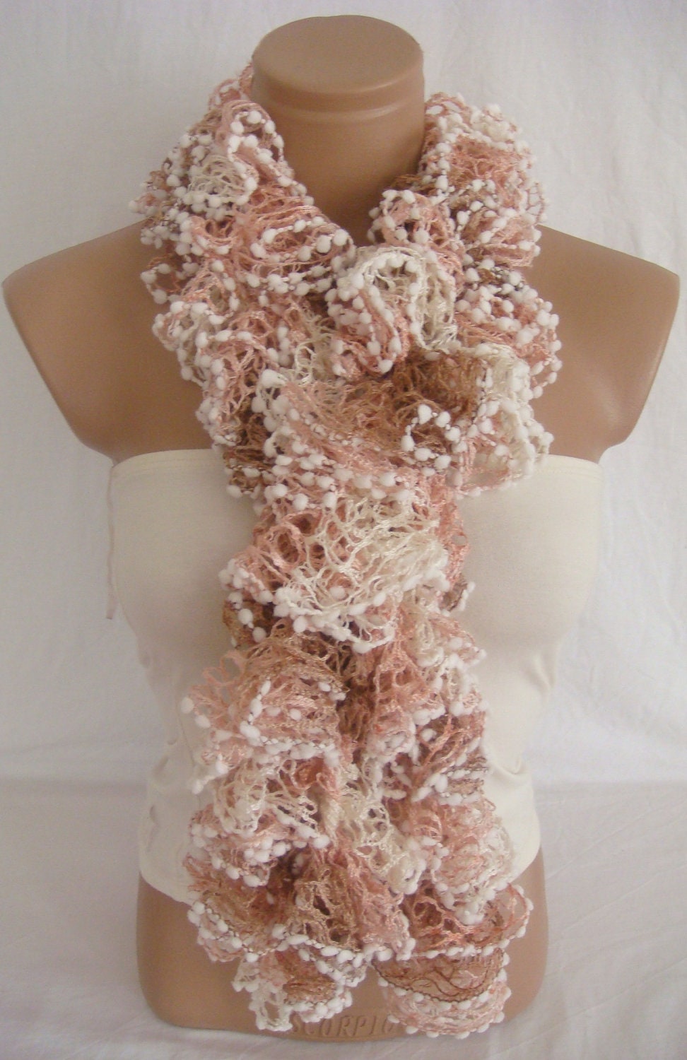 Hand knitted Camel,Pink,White ruffled scarf