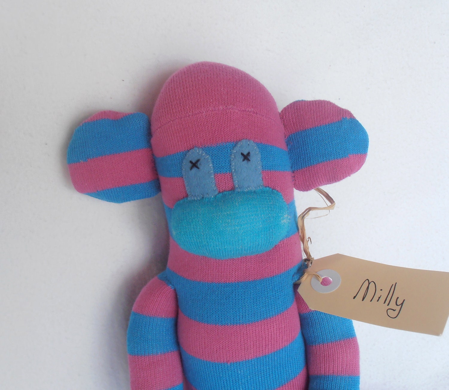 Sock monkey, sock animal, soft plush stripe toy monkey. Milly Monkey