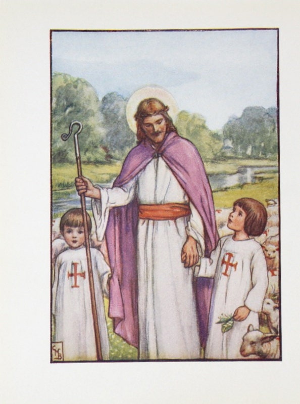 Vintage Biblical Illustration / Jesus Leading the Children / Children's Religious Art Print / Bible Book Art / Cicely Mary Barker