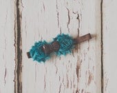 Dark teal flowers and a chocolate brown bow baby girl toddler children's headband