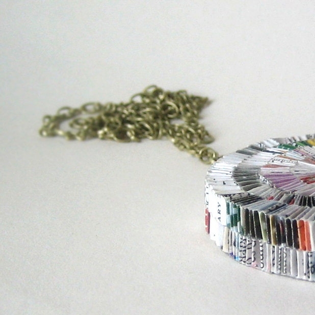 Eco Necklace Made With Layered Junk Mail on Brass Chain - It's Conversation Starter