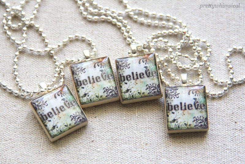 Woodland Believe Set of 4 Necklaces, Scrabble Tile Pendants