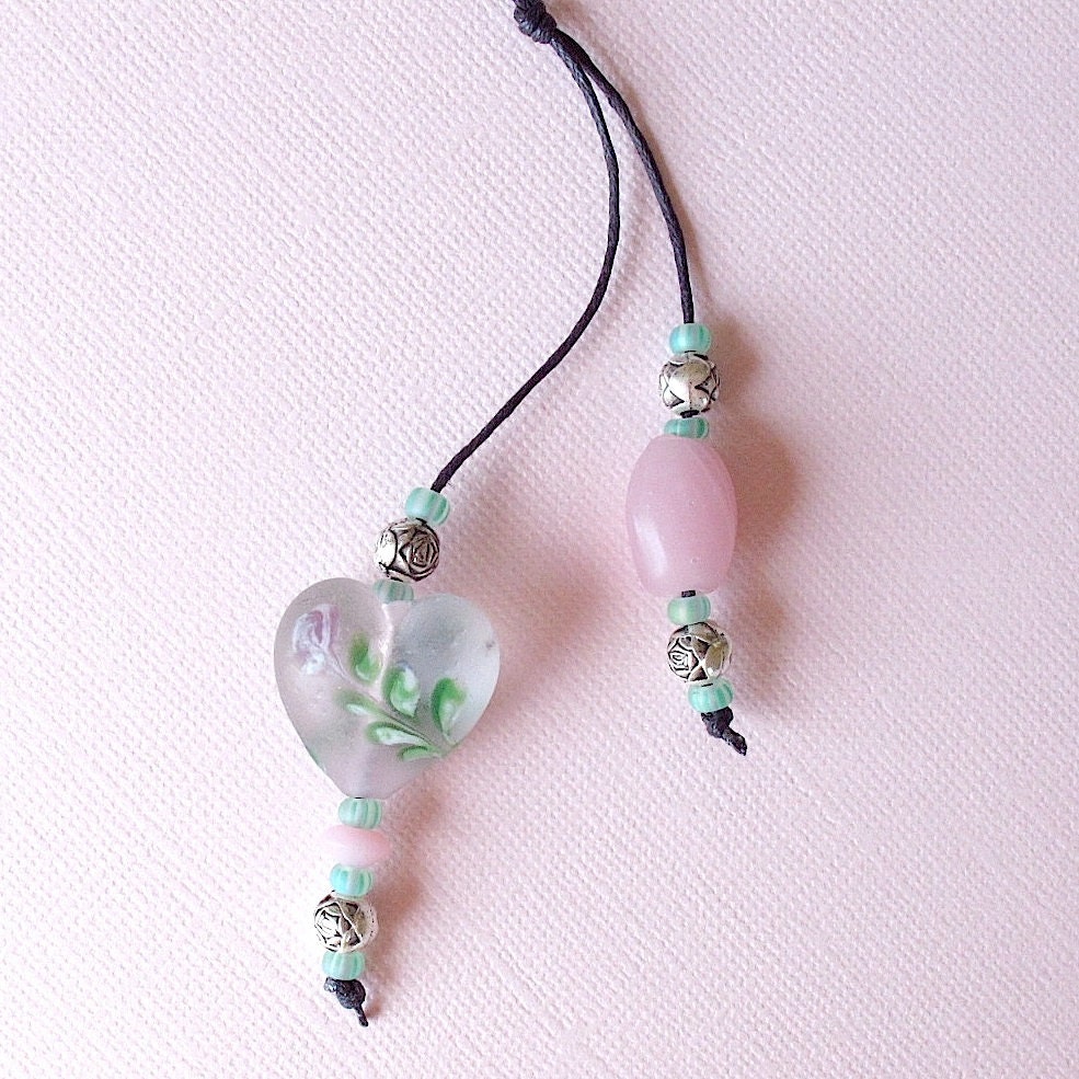 PETITE Garden Chime:  Beaded Windchime with Pink Heart Glass Bead. Three Silver Bells.