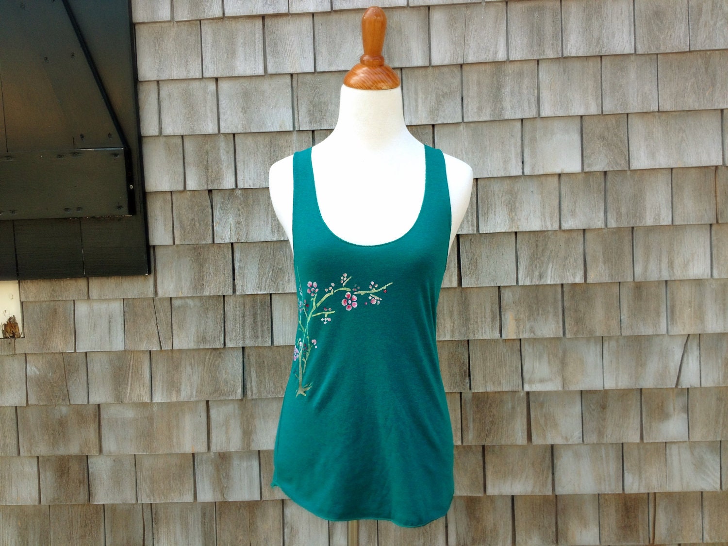 SALE - Cherry Blossom Teal Racerback Tank Top - size large