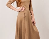 Camel maxi dress, wool Knit dress, cut waistband, long half circle skirt, turtle neck - texturable