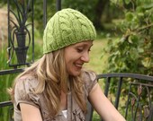 Hand Knit Cable Beanie Woman Hat - Bamboo Wool Blend Yarn - Grass Green