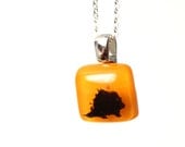 Tiny Porcupine Necklace in Tangerine Orange - Black Porcupine on Orange Pendant of Fused Glass by Happy Owl - Black and Orange