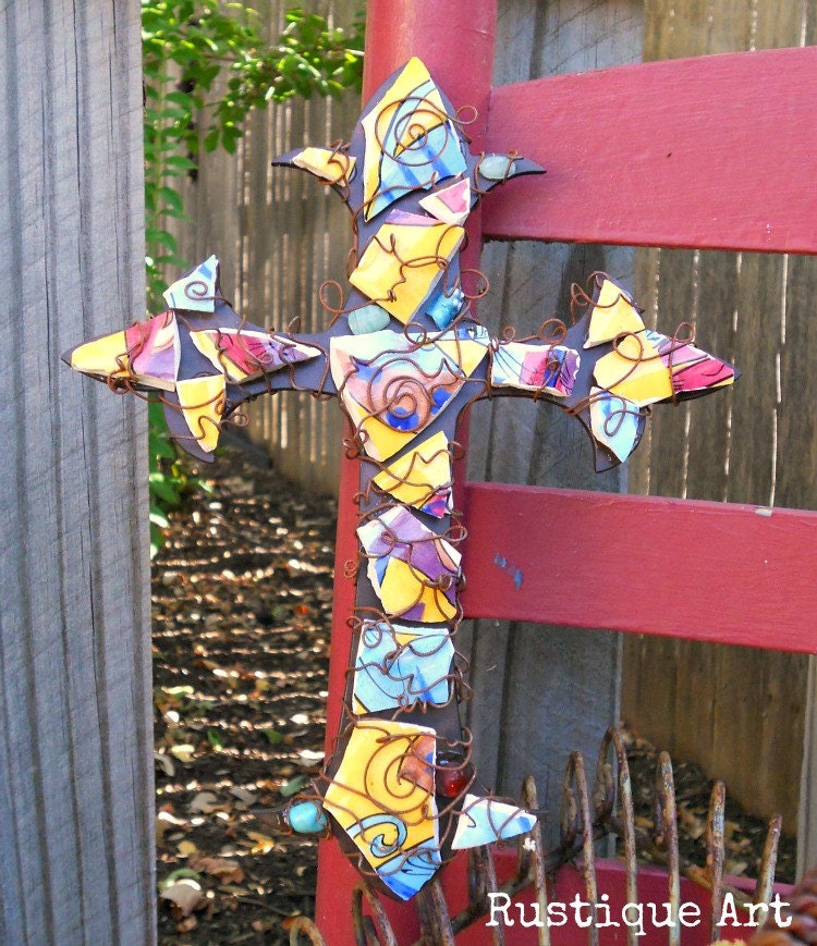 Vintage China Mosaic on Fleur de Lis Wall Cross