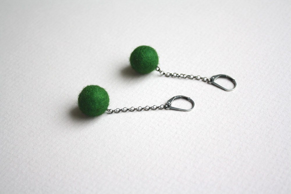 Felted Ball Earrings - Green on Short Chain